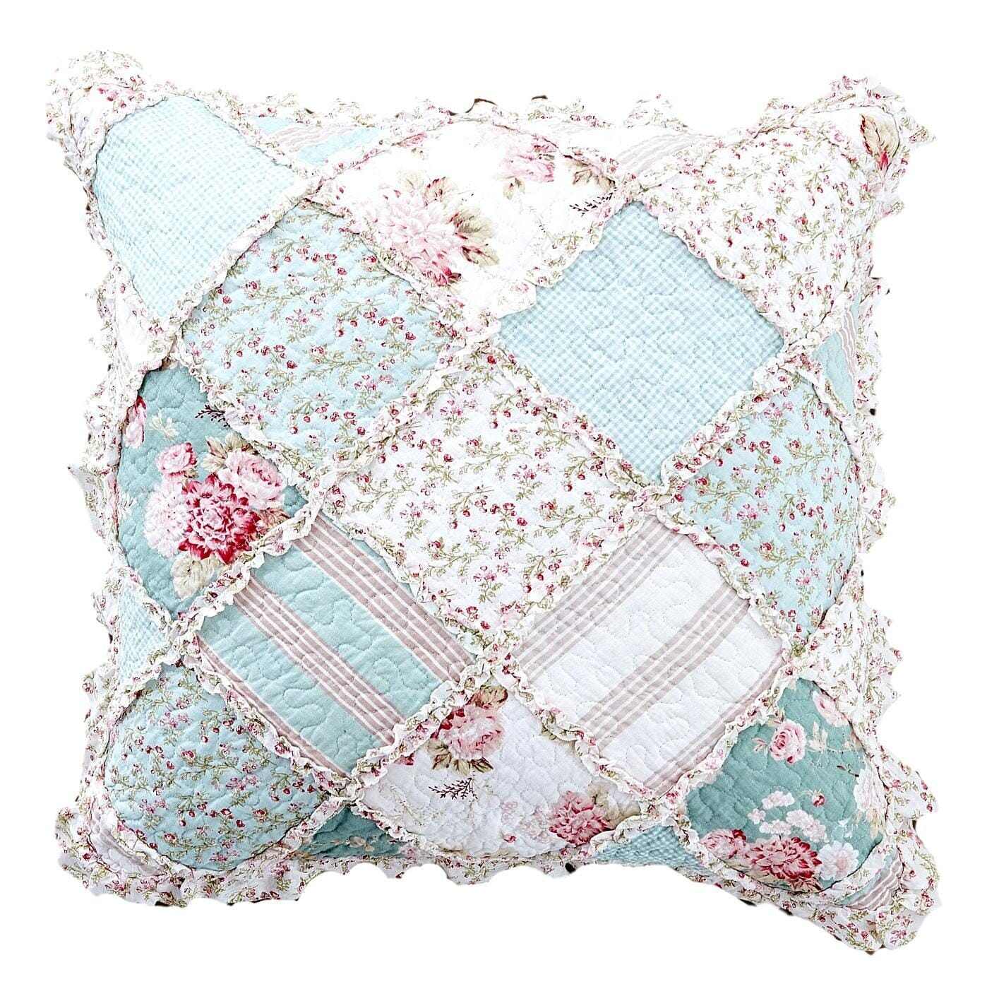 DaDa Bedding Patchwork Hint of Mint Floral Cotton Patchwork Euro Pillow Cover-0