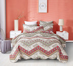 DaDa Bedding Cranberry Sage Floral Chevron Quilt Set - Lightweight Bedspread