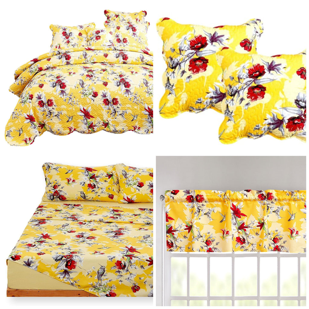 DaDa Bedding Sunshine Yellow Hummingbird Floral Bed in a Bag Set-0