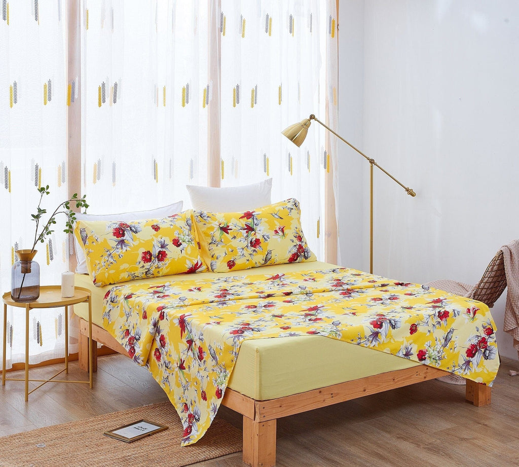 DaDa Bedding Sunshine Yellow Hummingbird Floral Bed in a Bag Set-4
