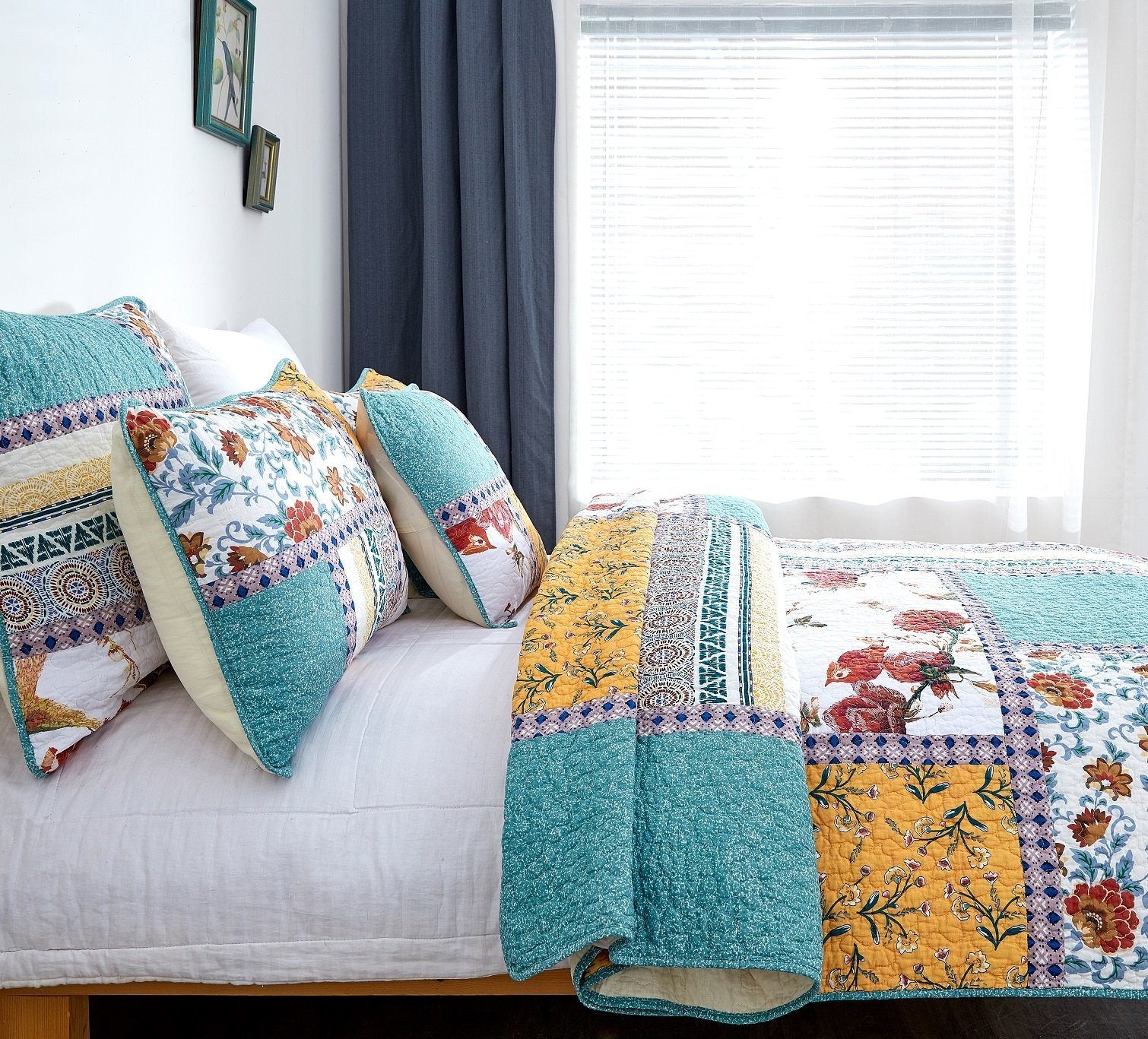 Tache Cotton Patchwork Blue Yellow Old World Hummingbirds Garden Pillow Sham (JHW-936)-2