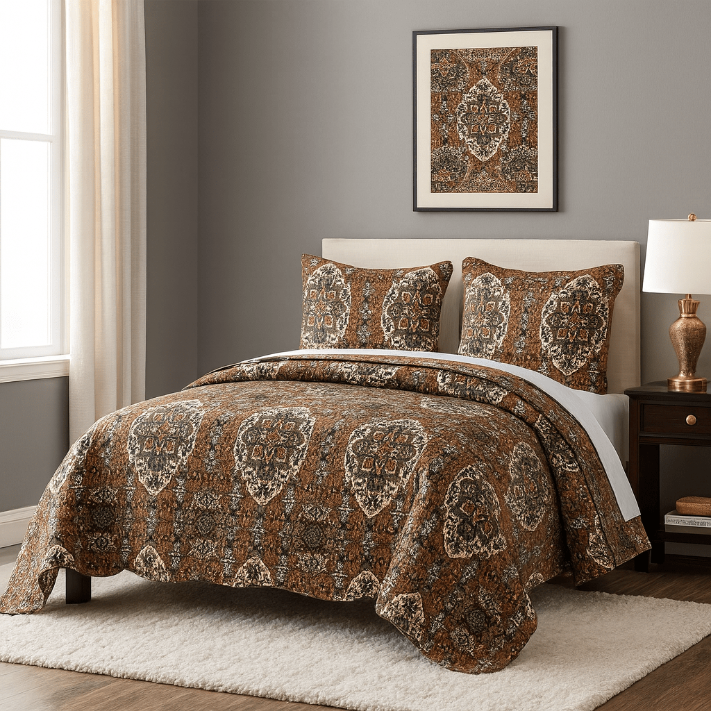 DaDa Bedding Rustic Earthy Cross Motif Folk Ogee Moroccan Scalloped Quilted Bedspread Set (JHW-944)-0