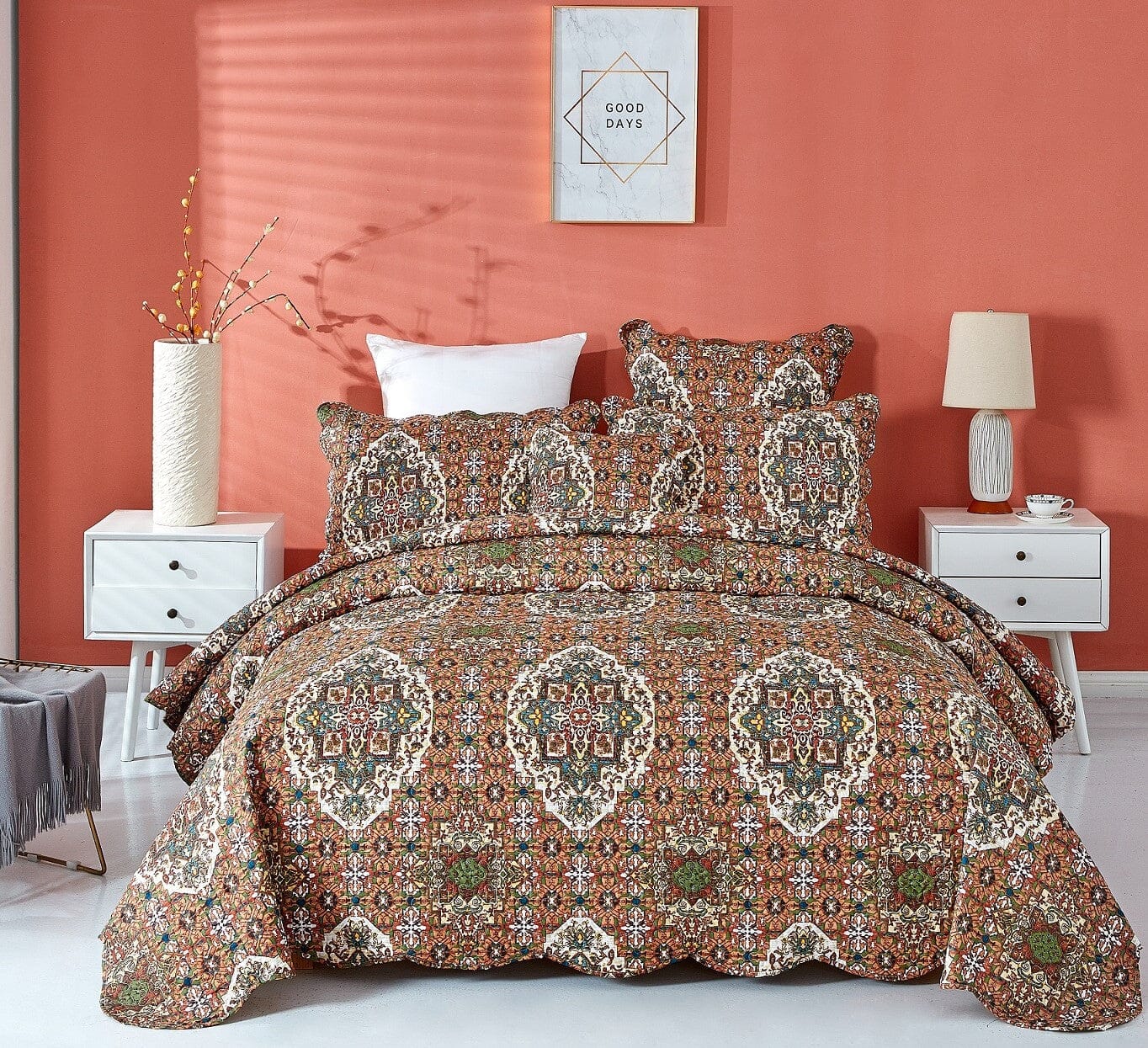 DaDa Bedding Rustic Earthy Cross Motif Folk Ogee Moroccan Scalloped Quilted Bedspread Set (JHW-944)-3