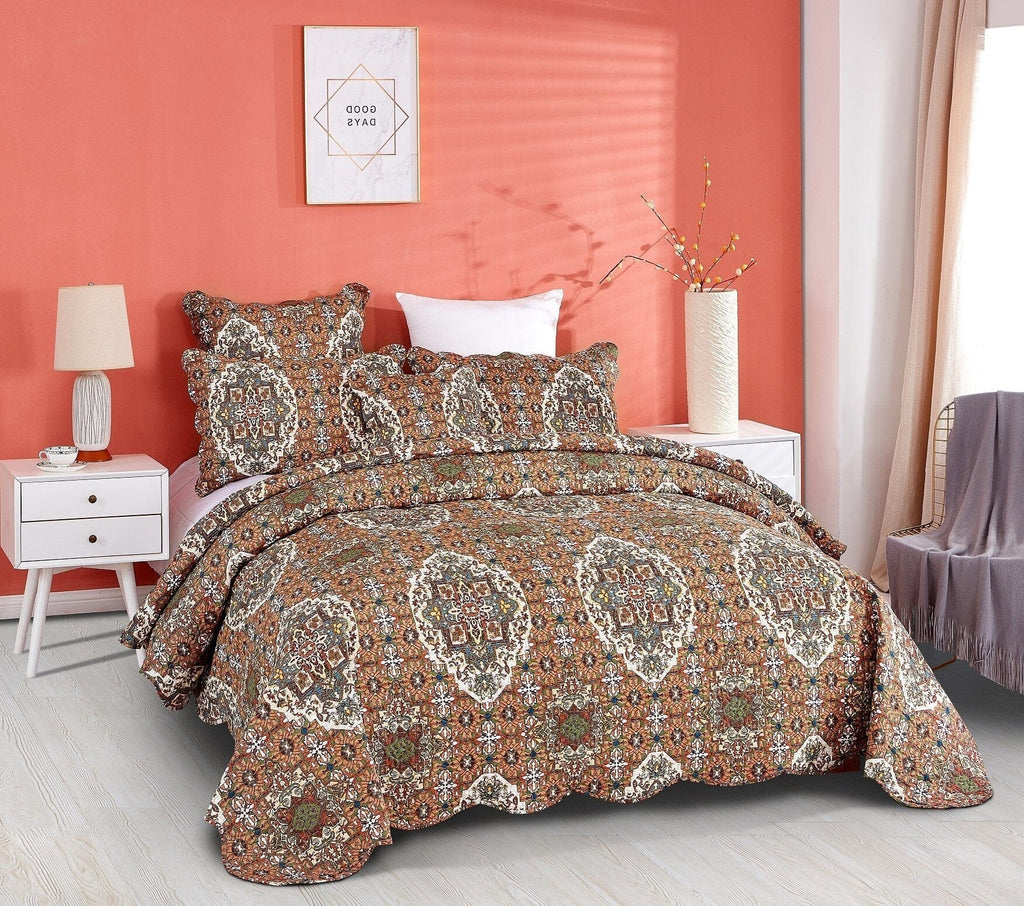 DaDa Bedding Rustic Earthy Cross Motif Folk Ogee Moroccan Scalloped Quilted Bedspread Set (JHW-944)-4