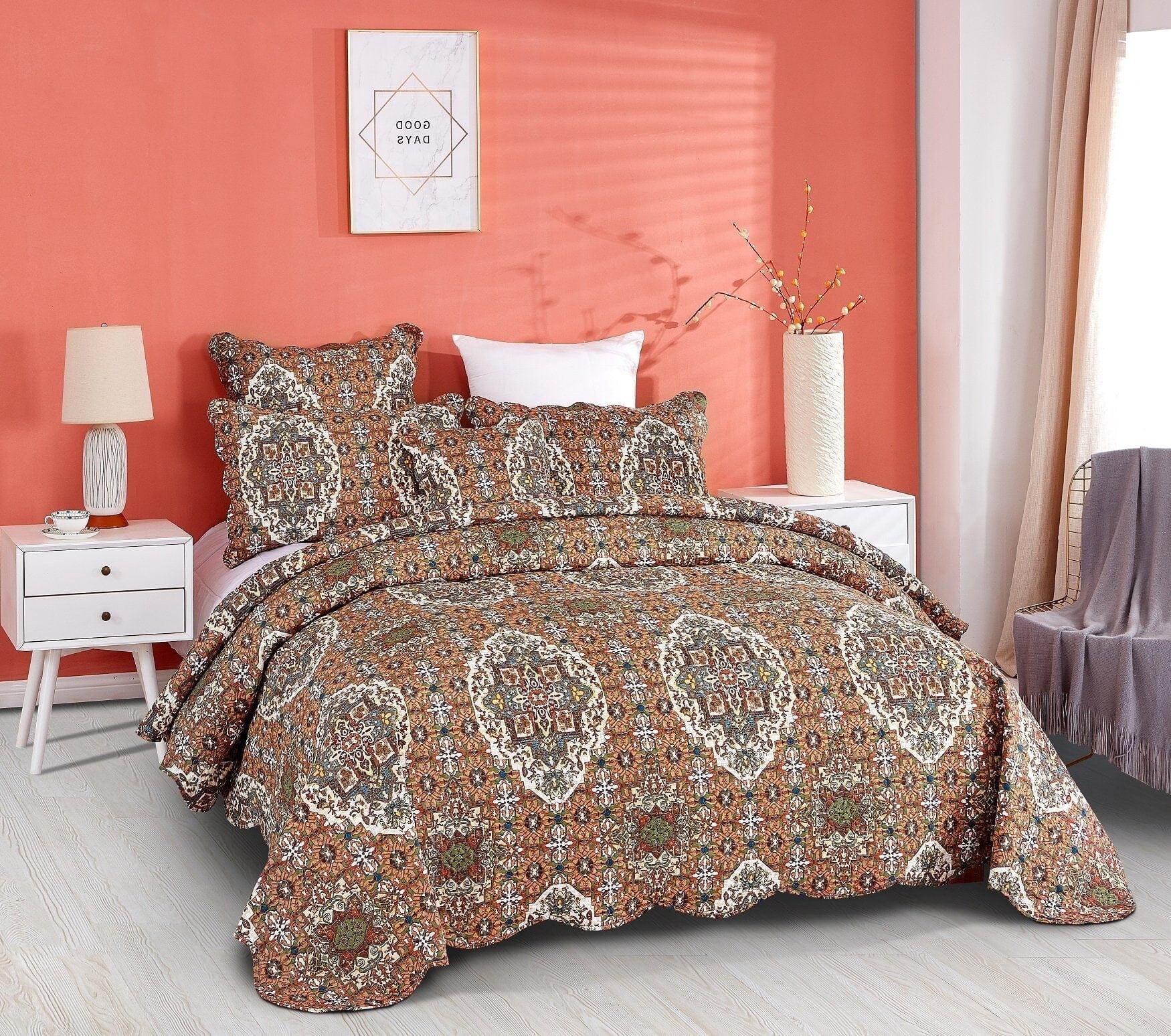 DaDa Bedding Rustic Earthy Cross Motif Folk Ogee Moroccan Scalloped Quilted Bedspread Set (JHW-944)-4