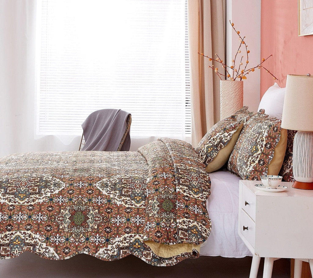 DaDa Bedding Rustic Earthy Cross Motif Folk Ogee Moroccan Scalloped Quilted Bedspread Set (JHW-944)-2