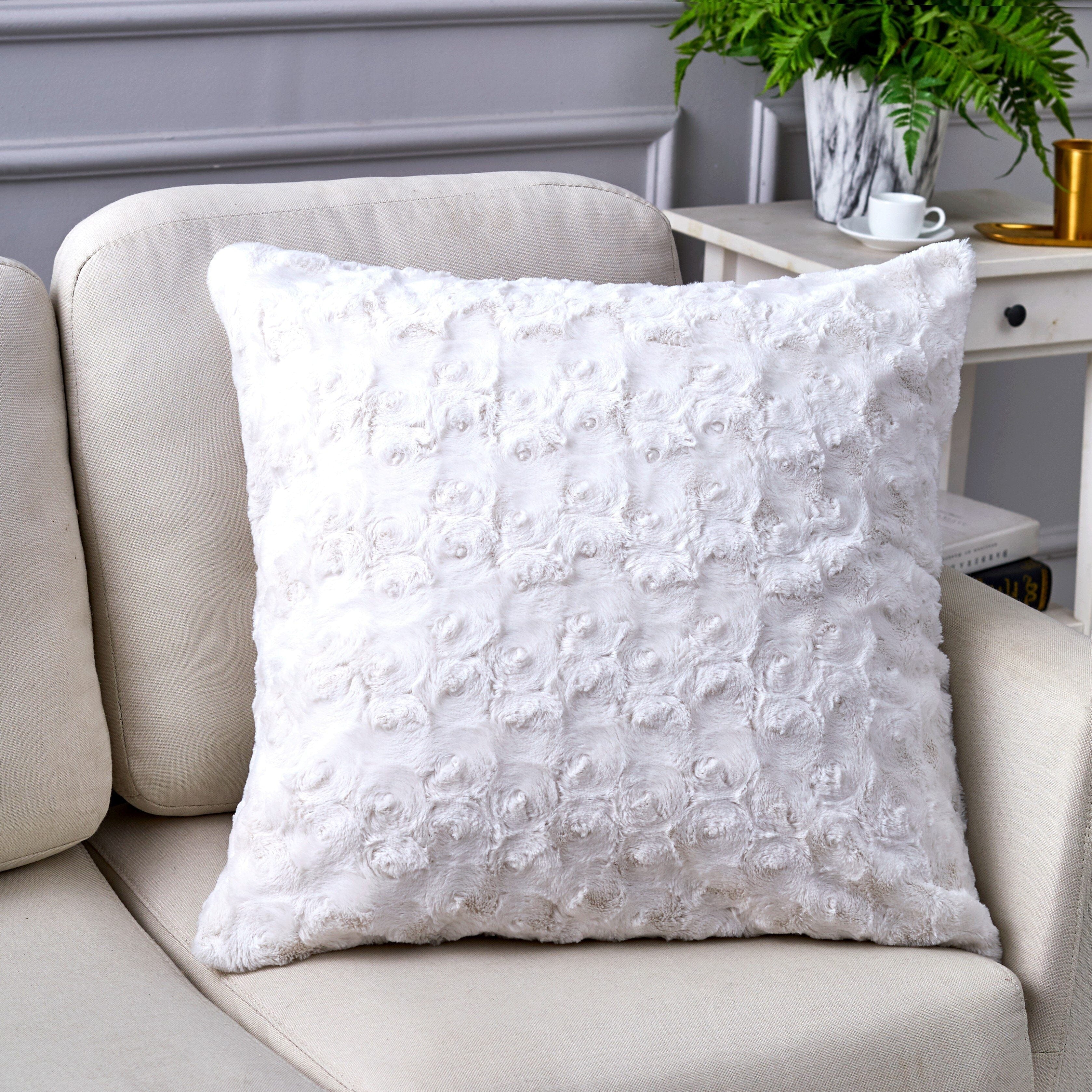 DaDa Bedding Luxury White Roses Swirls Faux Fur Euro Cushion Throw Pillow Cover (K11)-4
