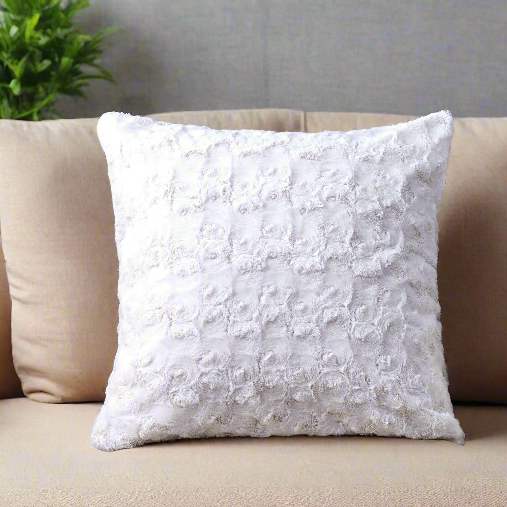 DaDa Bedding Luxury White Roses Swirls Faux Fur Euro Cushion Throw Pillow Cover (K11)-3