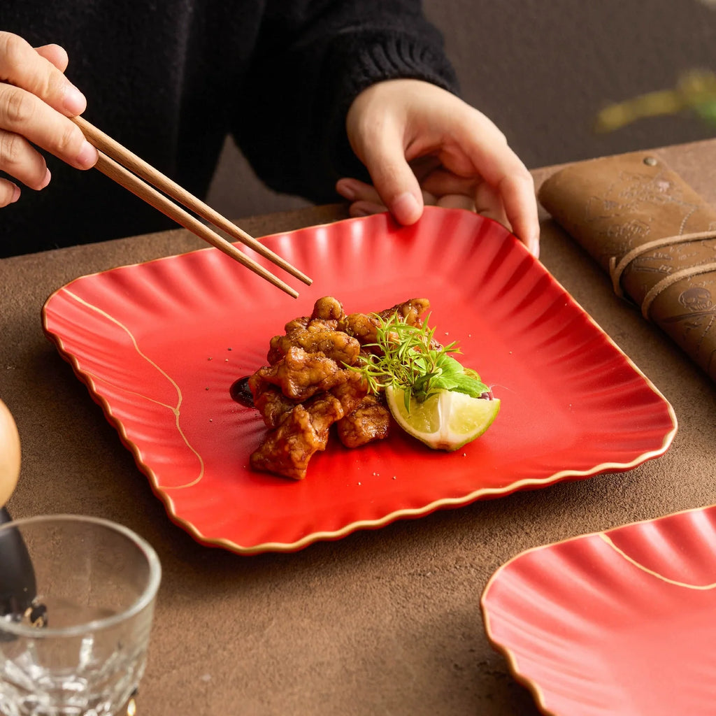 Red Vermilion Glazed Porcelain Square Plate – Kintsugi Design Series-1