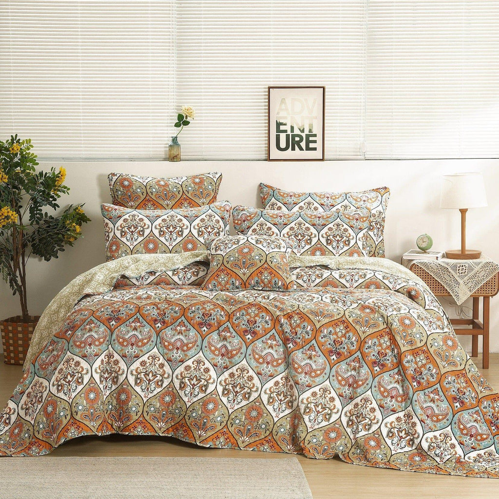 DaDa Bedding Bohemian Floral Paisley Garden Coral Teal Quilted Bedspread Set (LH1403)-5
