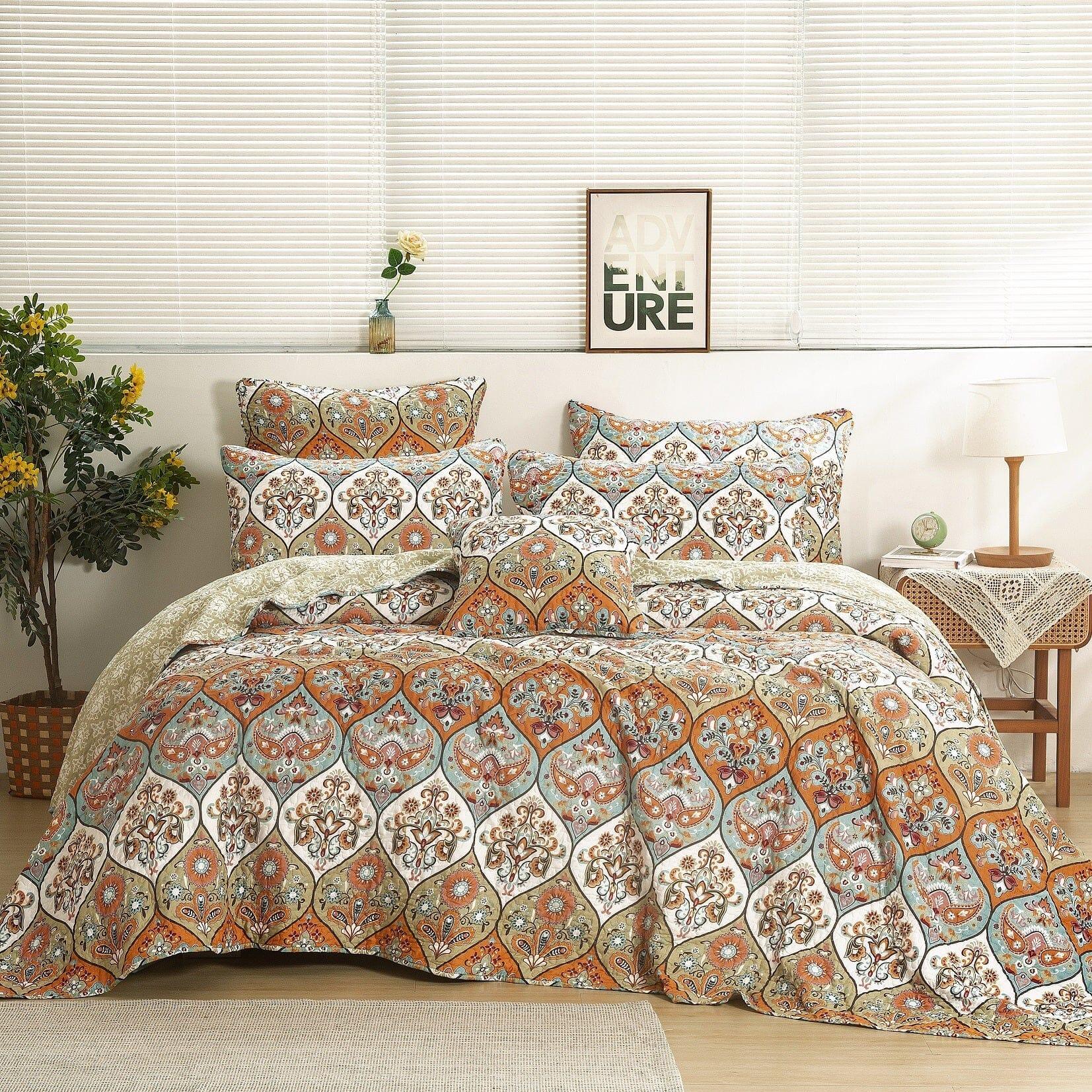 DaDa Bedding Bohemian Floral Paisley Garden Coral Teal Quilted Bedspread Set (LH1403)-5