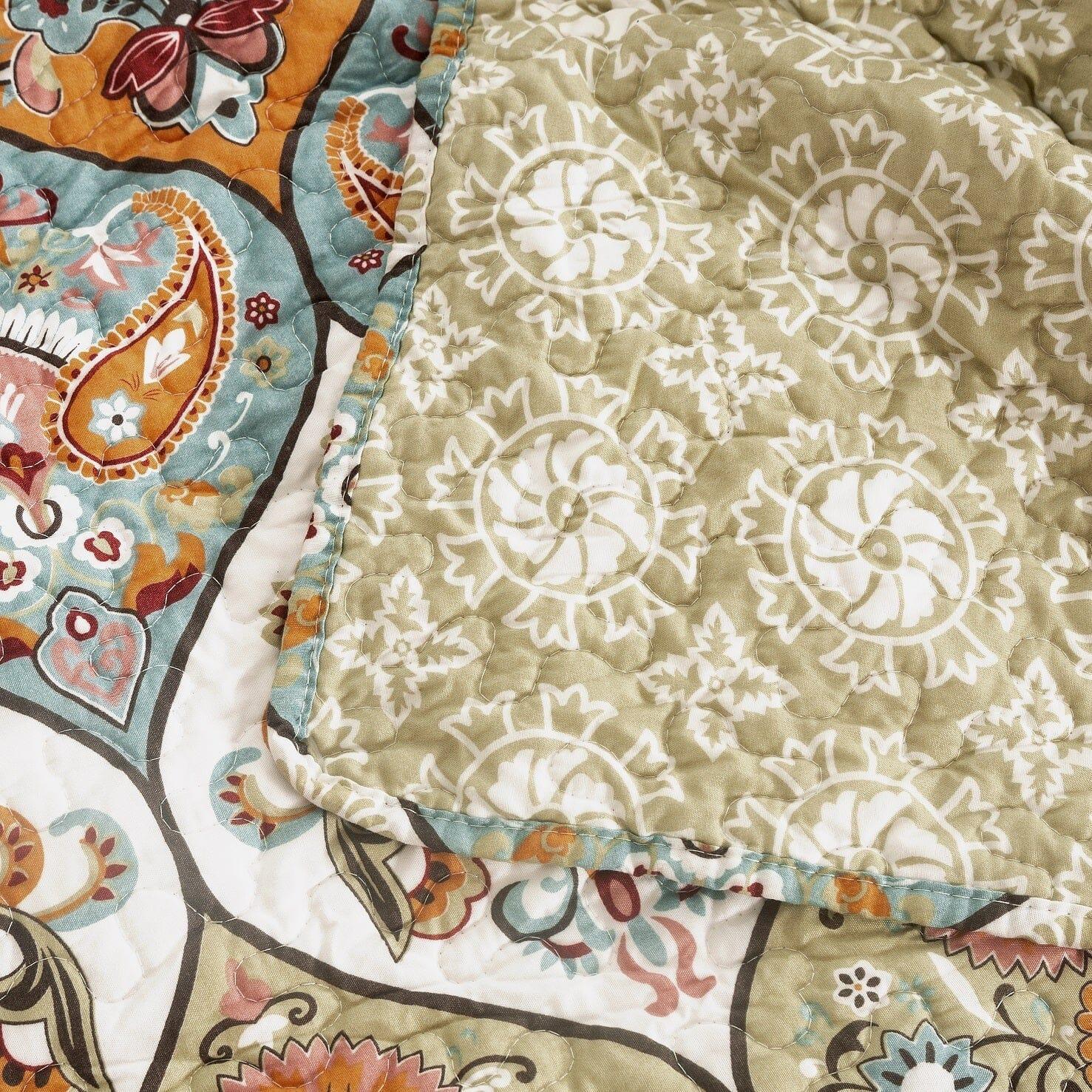 DaDa Bedding Bohemian Floral Paisley Garden Coral Teal Quilted Bedspread Set (LH1403)-3