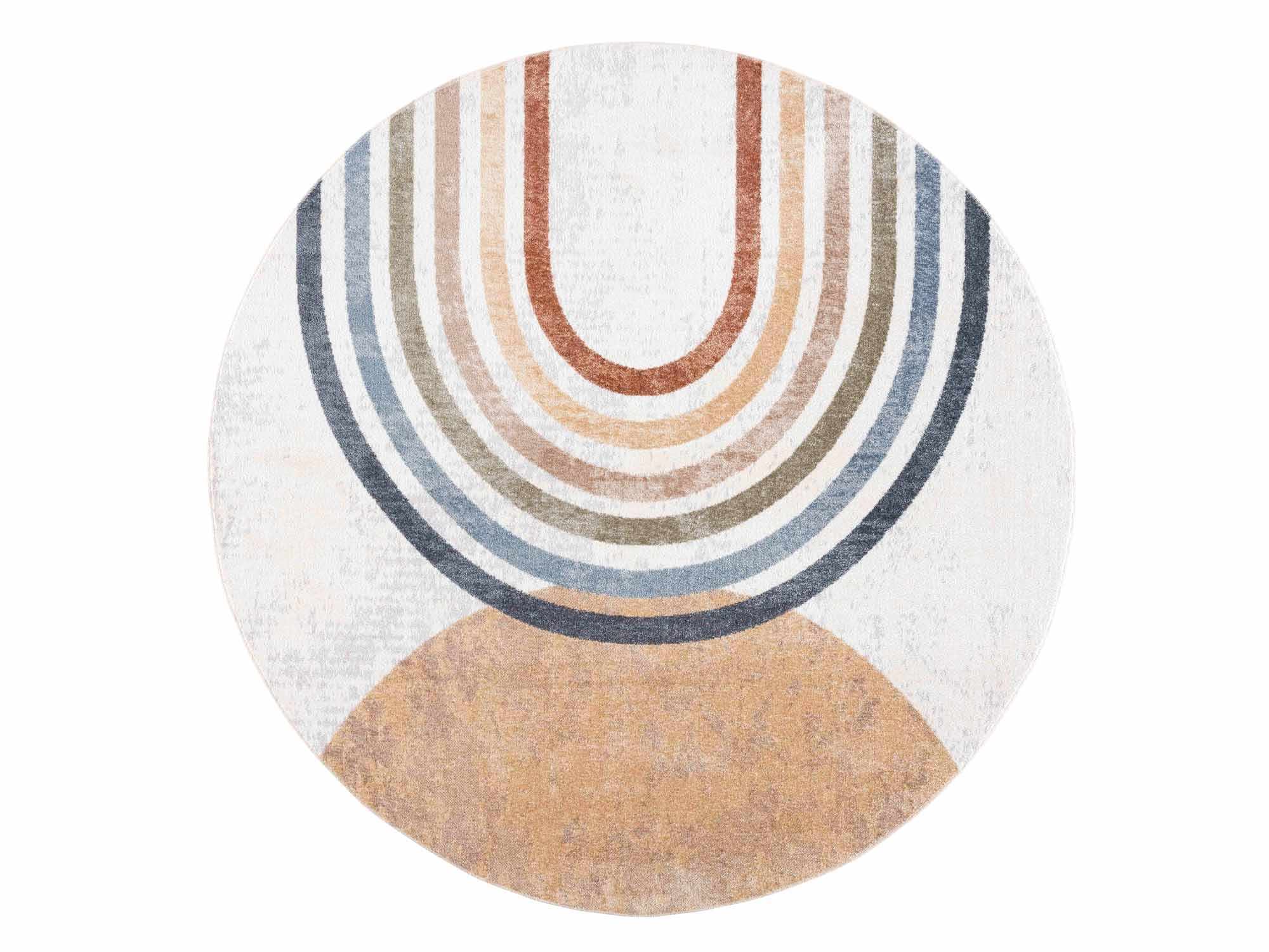 Round Giza Washable Rug with concentric circle pattern in rainbow earthy tones on a white background