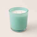 A two-wick scented candle in a frosted mint green glass jar, set against a solid light beige background.