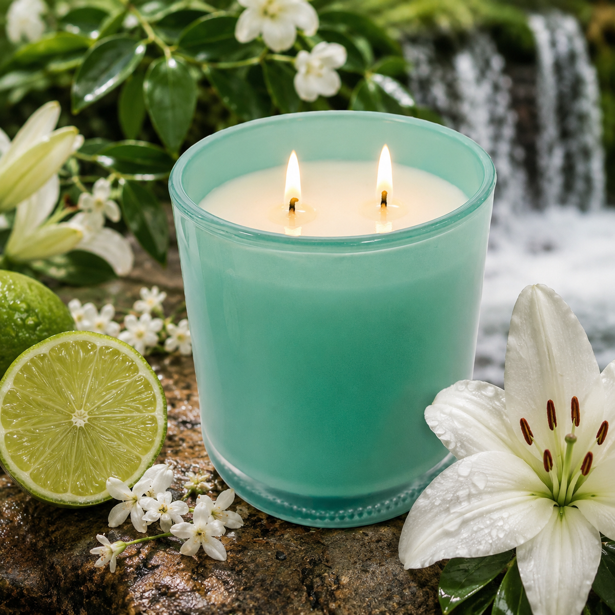A two-wick candle in a translucent mint green glass jar, lit with glowing flames, styled on a rock with a lime half, white lilies, small white flowers, and a blurred waterfall background.