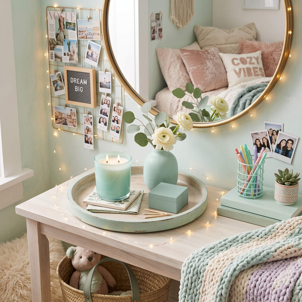 A styled bedroom corner with a light wood vanity table, round mirror, pastel bedding, string lights, a mint candle, flowers in a vase, and small decor accessories. No person is present, but a real interior environment is clearly shown, so this is Lifestyle rather than Product/Packaging.