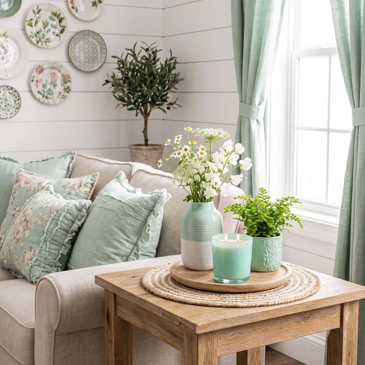 A styled living room corner with a beige sofa, mint green pillows, a wooden side table, and decorative ceramic vases holding white flowers and green plants near a window with sheer curtains.