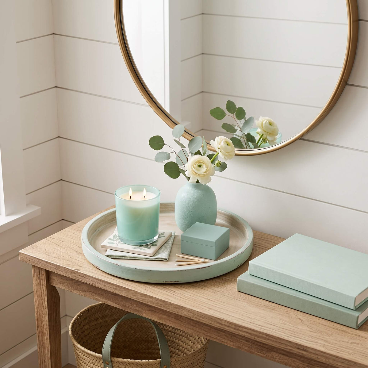 A styled interior scene showing a round wooden tray holding a mint green candle, a matching vase with white flowers, a small box, and books on a light wood console table. A large round mirror hangs on a white shiplap wall.