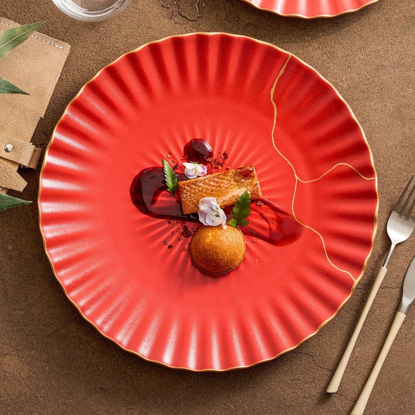 Luxury Red Ceramic Dinner Plate with Golden Rim – 10" Japanese Style Flat Plate-1