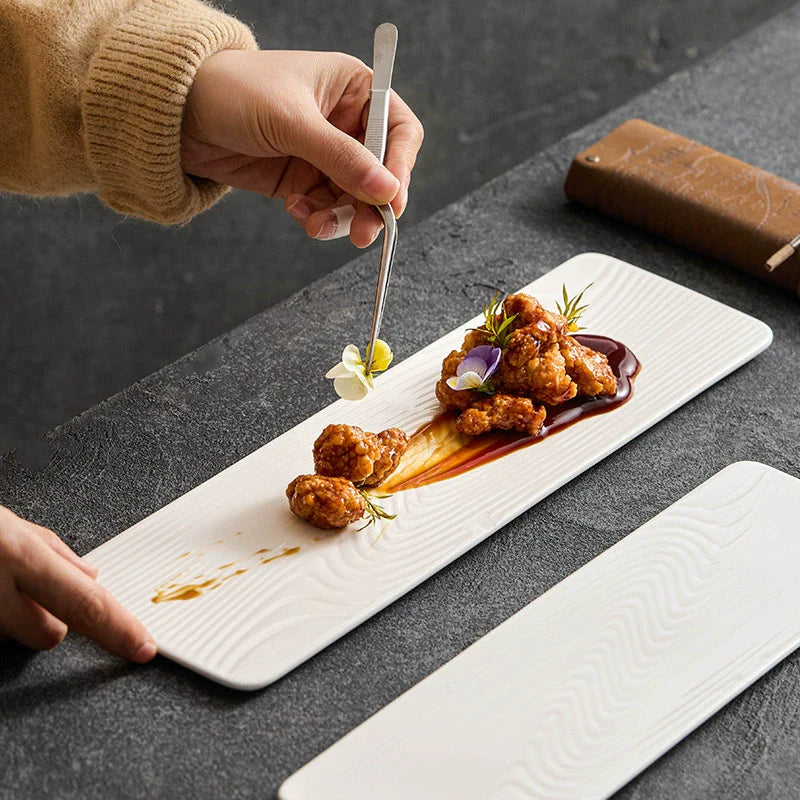 Ceramic Rectangular Sushi & Dessert Plate – Water-Pattern Tray in Black or White, 3 Sizes-1