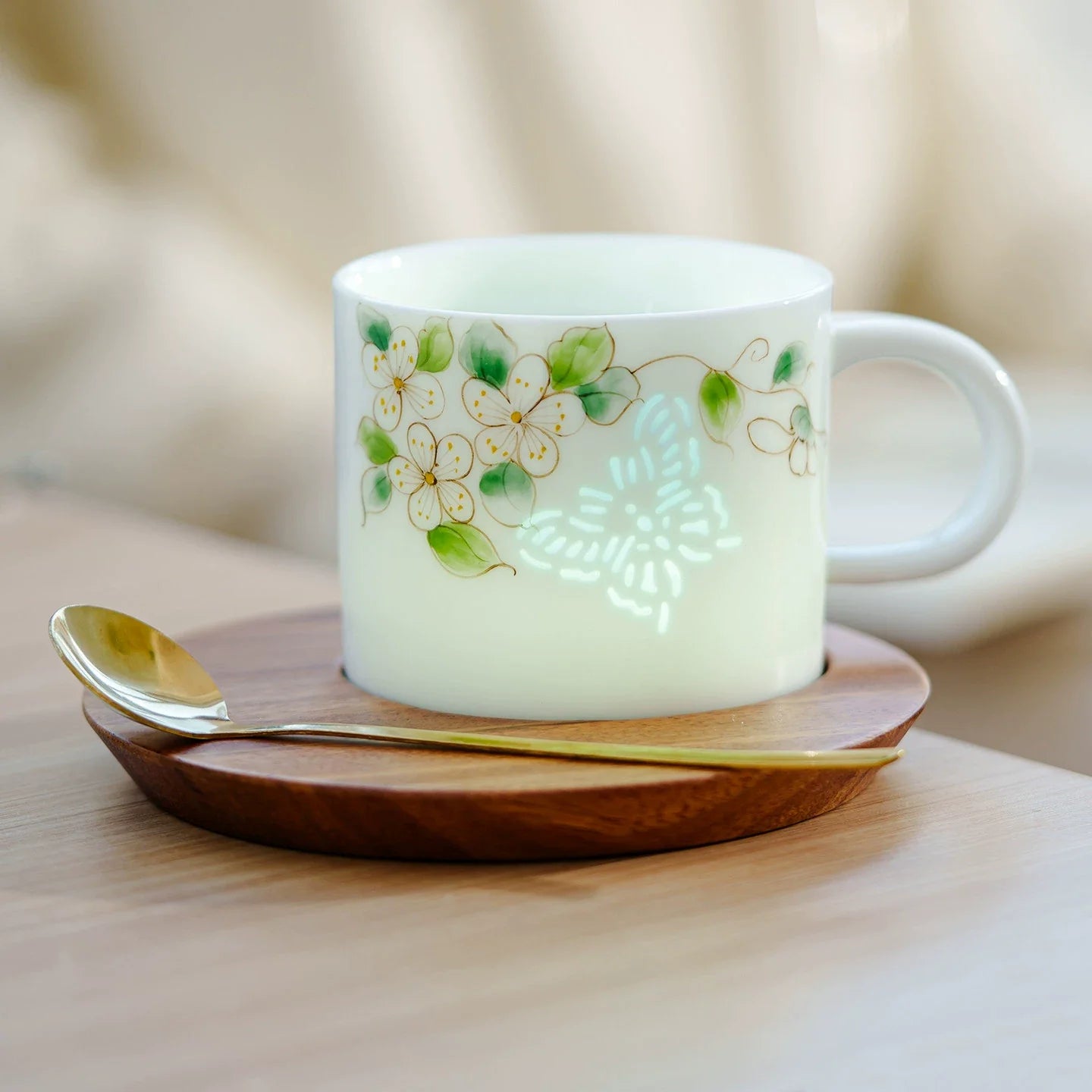 Secret Garden "Linglong" Translucent Porcelain Mug Set – Hand-Painted Botanical Series with Walnut Wood Coaster-0