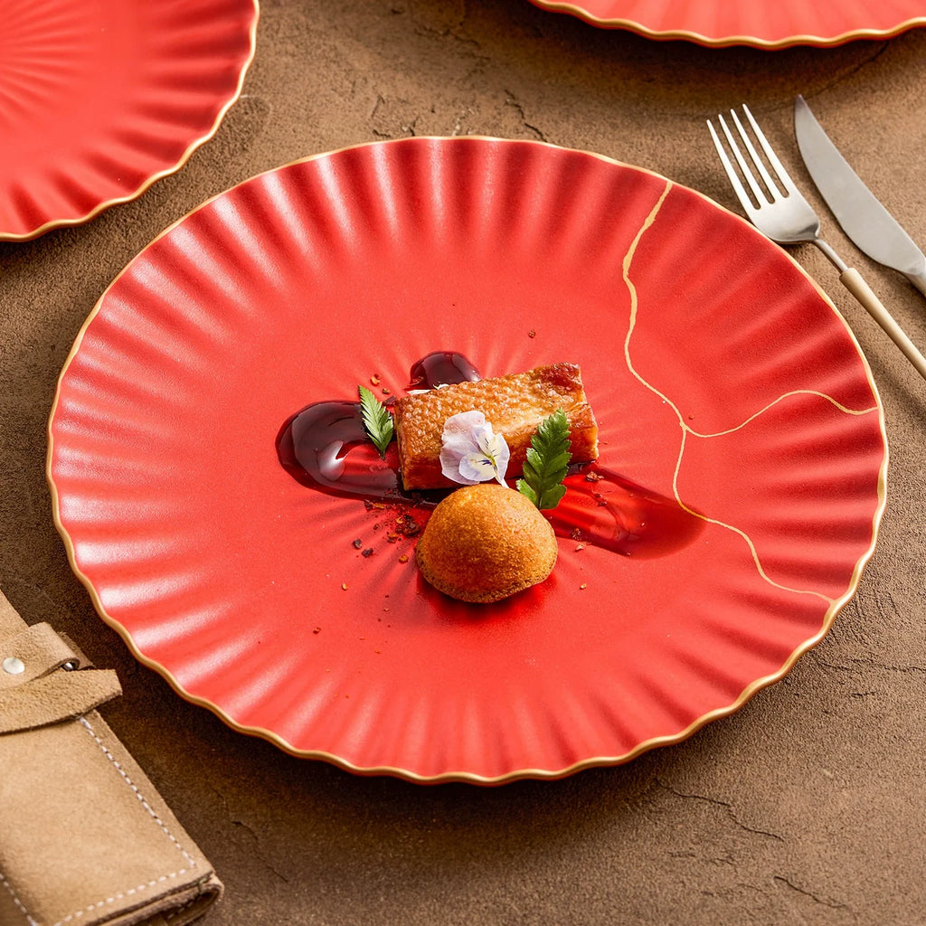 Luxury Red Ceramic Dinner Plate with Golden Rim – 10" Japanese Style Flat Plate-0