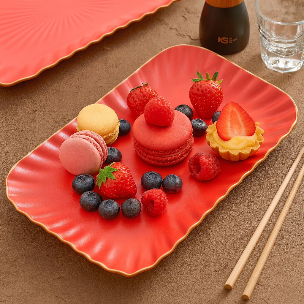 Luxury Red Ceramic Serving Platter – Rectangular Dinner Plate with Golden Rim-0