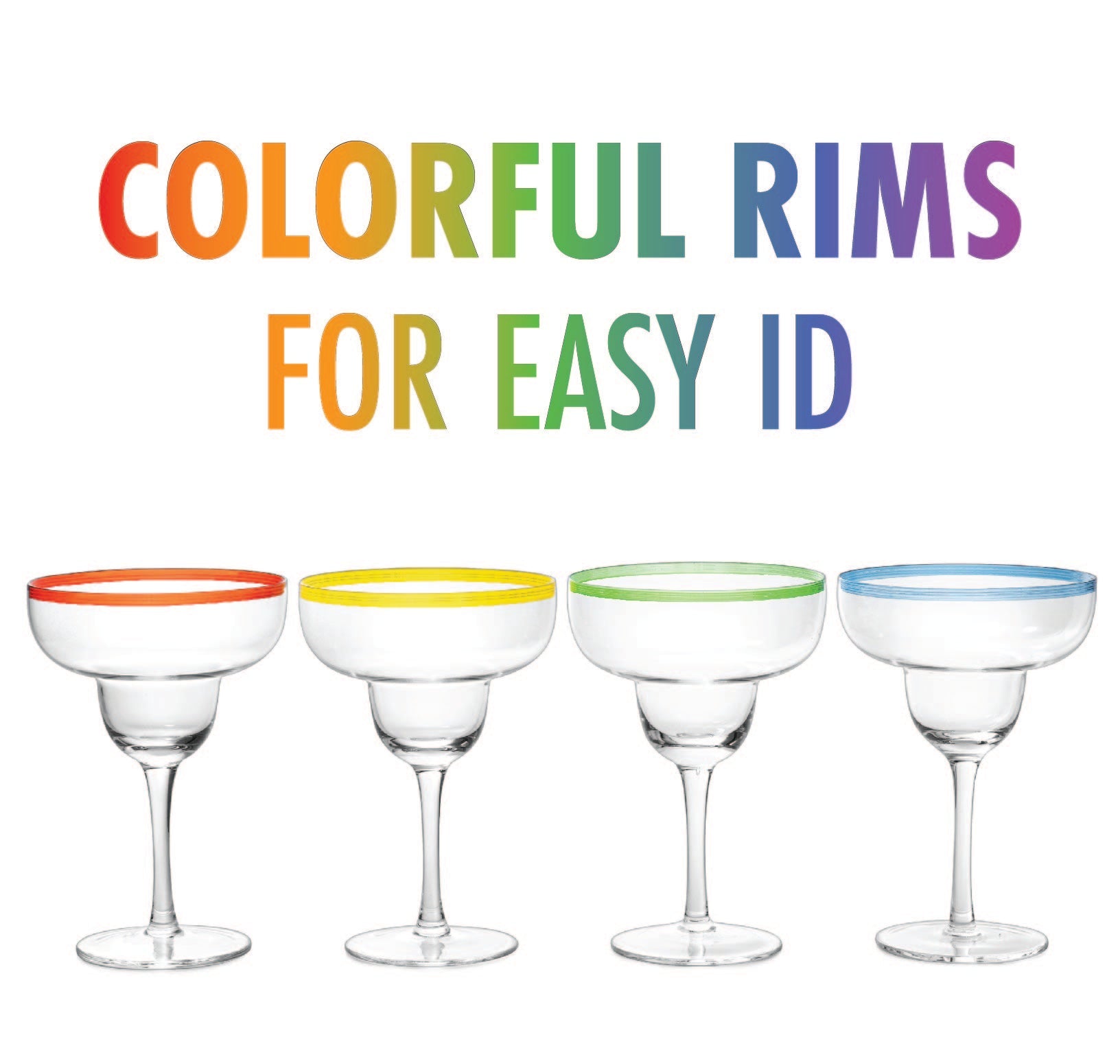 Margarita Cocktail Glasses, Party Colored Rims Cocktail Glasses 12oz Set of 4