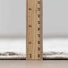 A close-up of a medium pile  Meral Thick Luxe Boutique Rug with a wooden ruler standing vertically to show the pile height and texture, set against a neutral gray background.