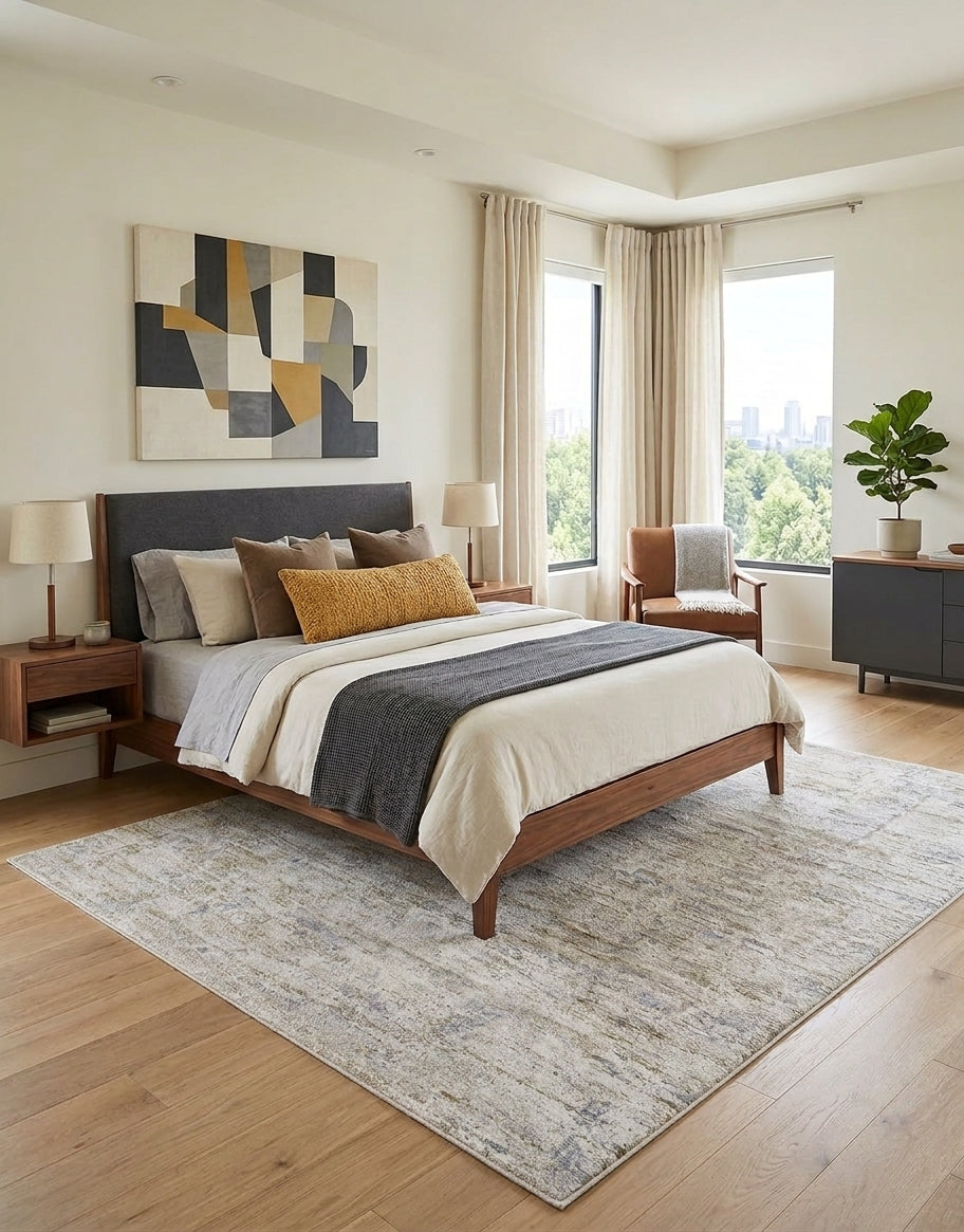 A modern bedroom featuring a wooden bed frame with a dark upholstered headboard, dressed in neutral beige, gray, and mustard yellow bedding. The bed is placed on a large distressed gray and beige  Meral Thick Luxe Boutique Rug over light wood flooring, with a matching abstract wall art piece above the headboard.
