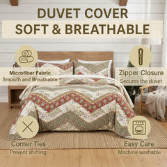 DaDa Bedding Cranberry Sage Floral Chevron Duvet Cover Set-1