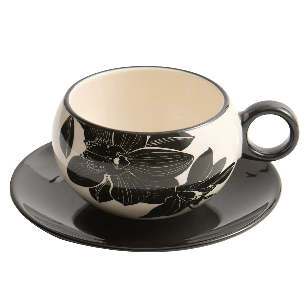 Peony Porcelain Coffee Cup & Saucer Set — Elegance in Black and White-4