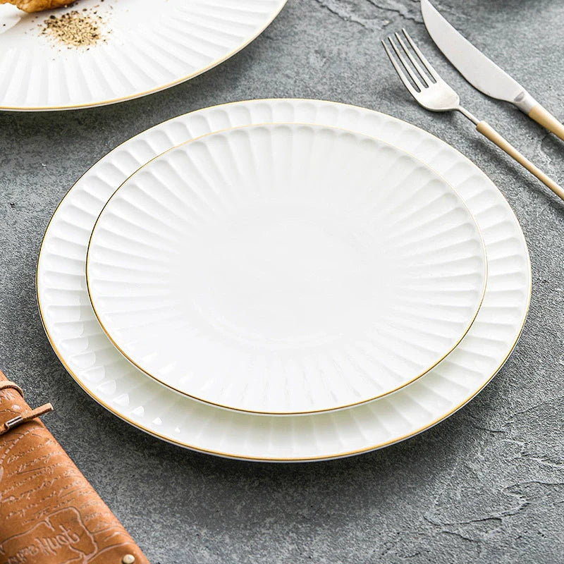 Radiant Pleat White Ceramic Plate with Gold Rim – Modern Luxury Porcelain Dinnerware-3