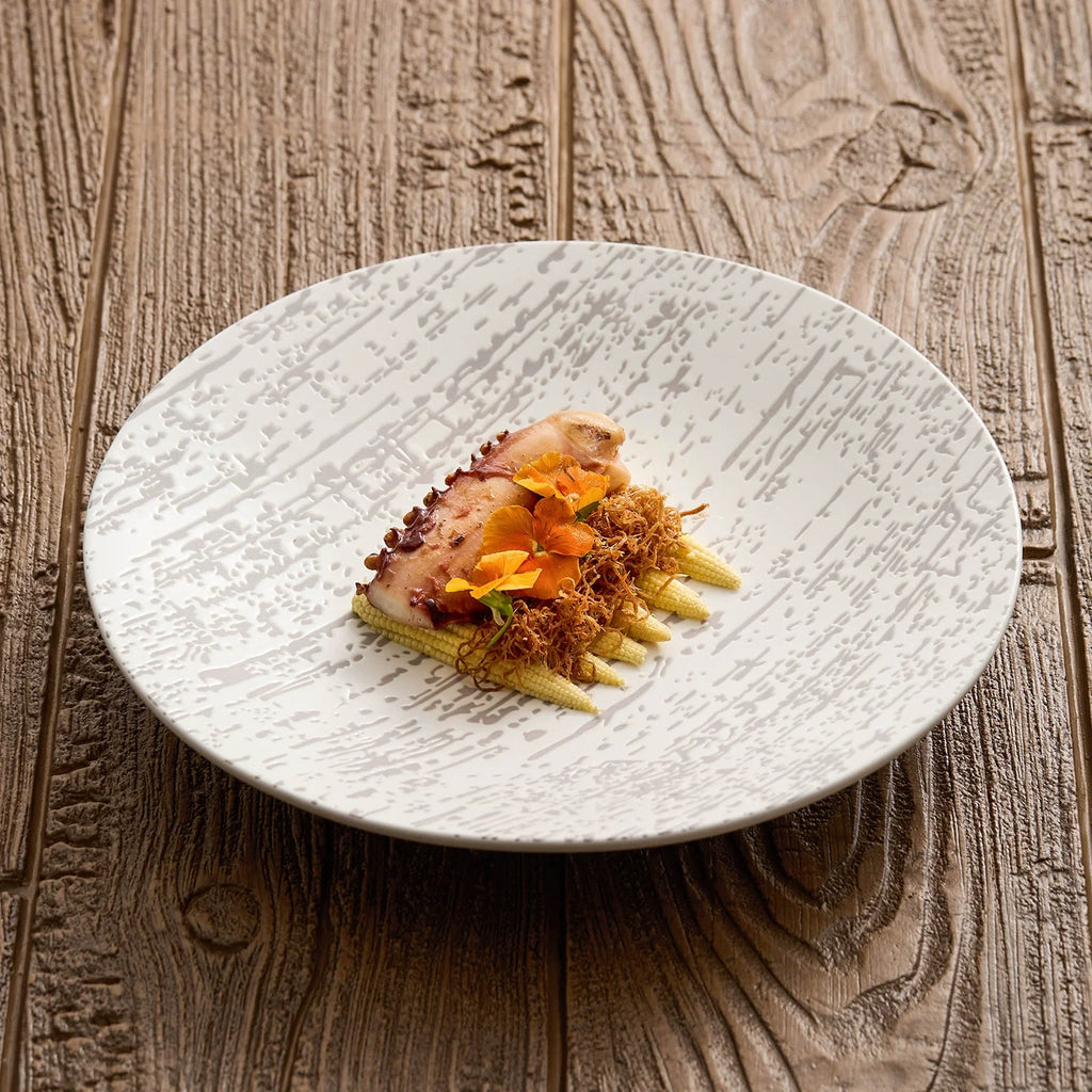 Nordic Style Textured Ceramic Dinner Plate – White with Gray Woodgrain Pattern-2