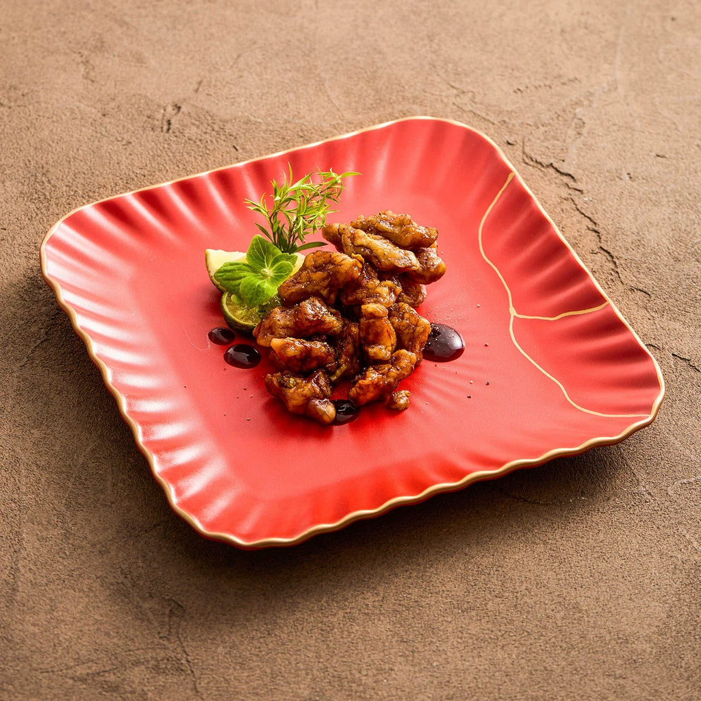 Red Vermilion Glazed Porcelain Square Plate – Kintsugi Design Series-2