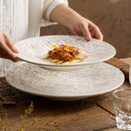 Nordic Style Textured Ceramic Dinner Plate – White with Gray Woodgrain Pattern-3