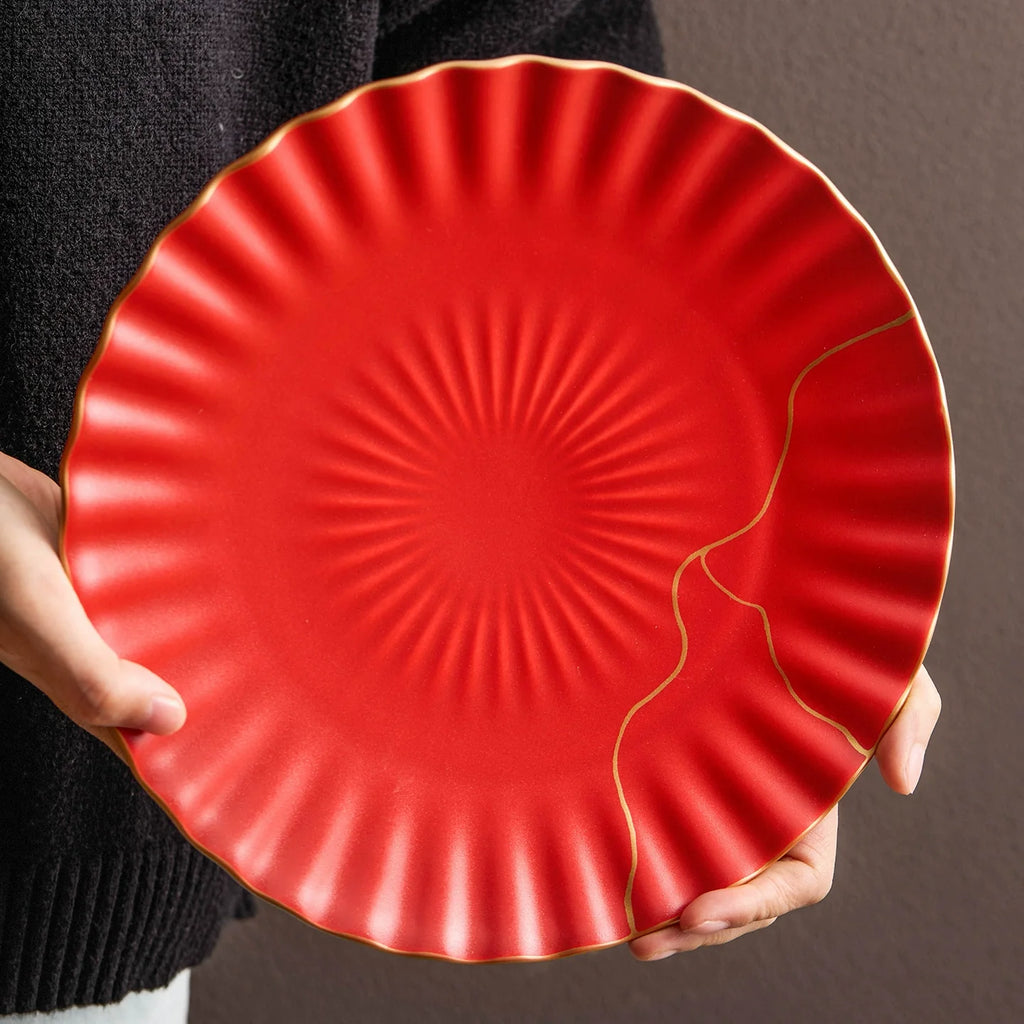 Luxury Red Ceramic Dinner Plate with Golden Rim – 10" Japanese Style Flat Plate-3