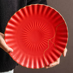 Luxury Red Ceramic Dinner Plate with Golden Rim – 10" Japanese Style Flat Plate-3