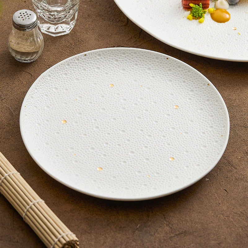 Textured White Porcelain Dinner Plate with Gold Dots – Modern Fine Dining Tableware-3
