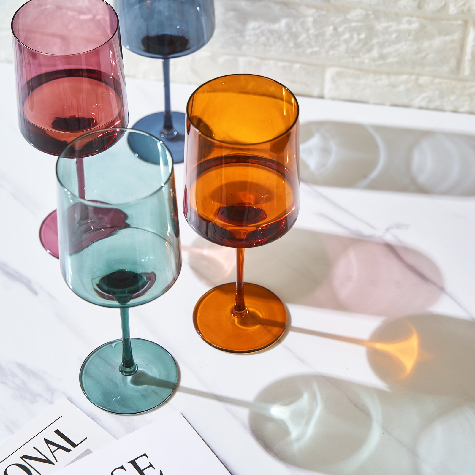 Muted Colored Square Crystal Wine Glasses Set of 4 - Large 13.5 oz-3
