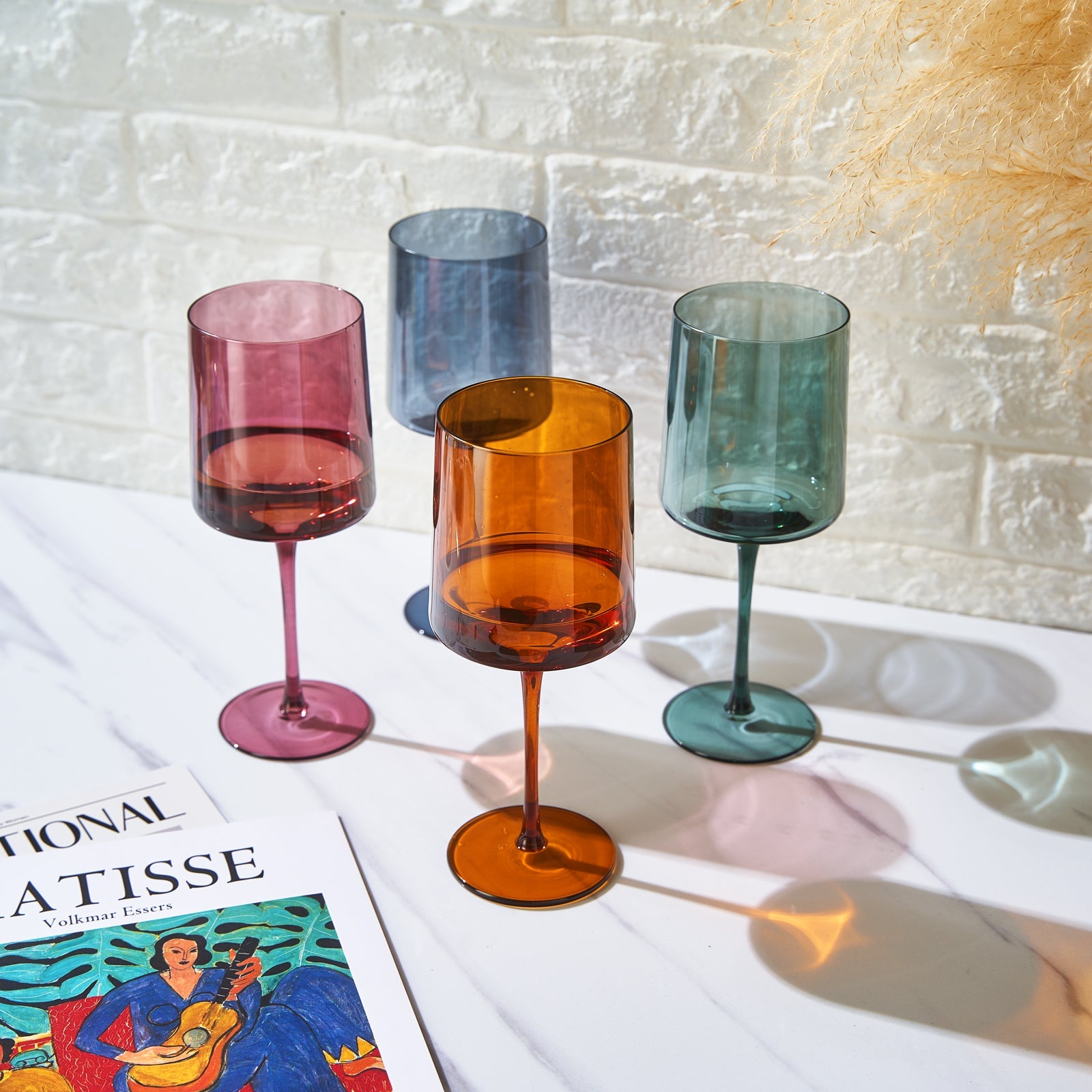 Muted Colored Square Crystal Wine Glasses Set of 4 - Large 13.5 oz-1