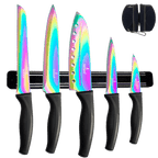 Kitchen Knife Set Kit | Black Handle, Black Magnetic Rack & Sharpener