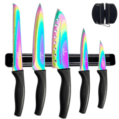 Kitchen Knife Set Kit | Black Handle, Black Magnetic Rack & Sharpener