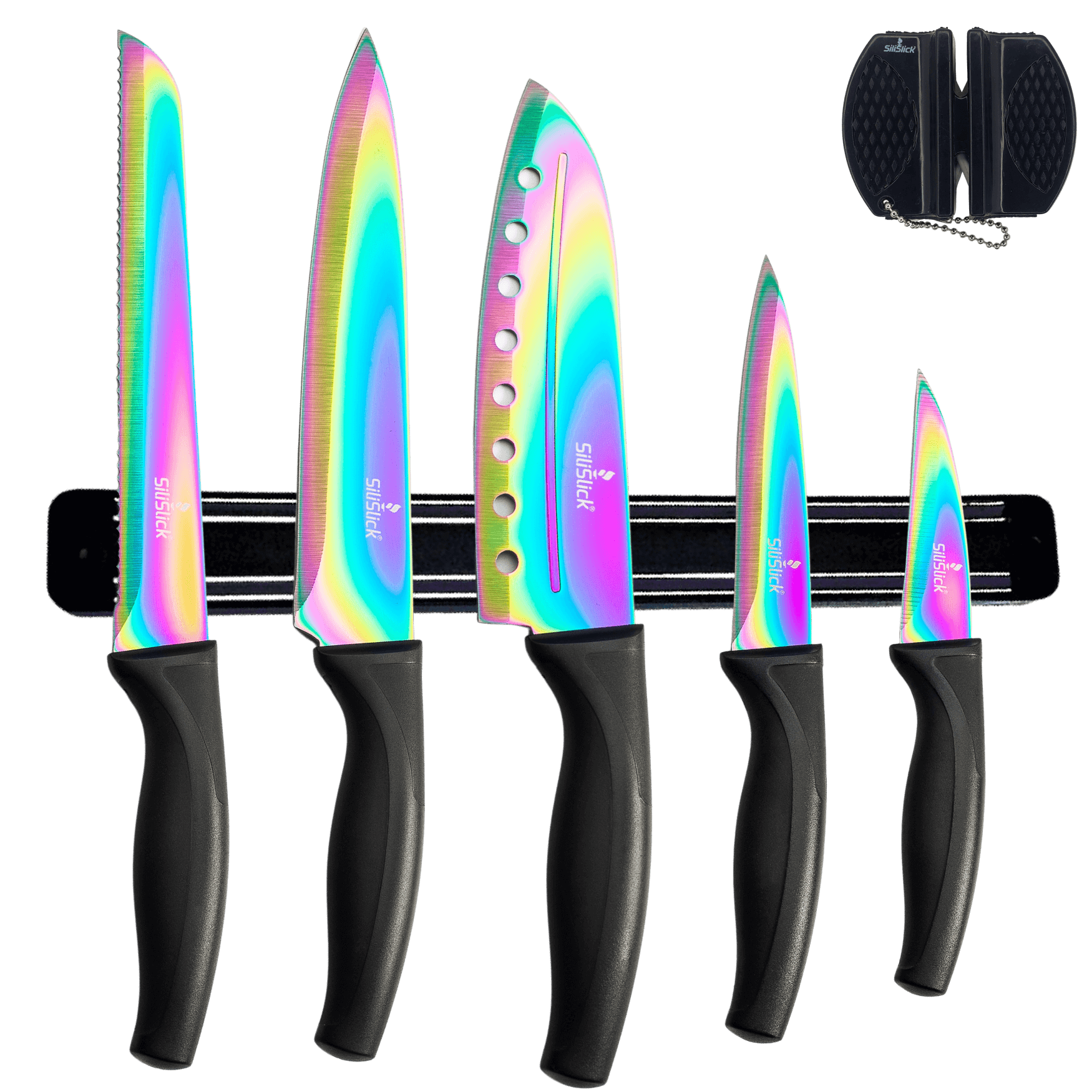 Kitchen Knife Set Kit | Black Handle, Black Magnetic Rack & Sharpener