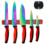 Kitchen Knife Set Kit | Red Handles | Red Magnetic Rack & sharpener