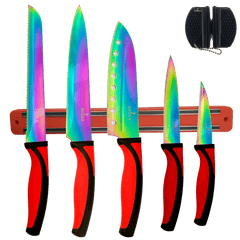 Kitchen Knife Set Kit | Red Handles | Red Magnetic Rack & sharpener
