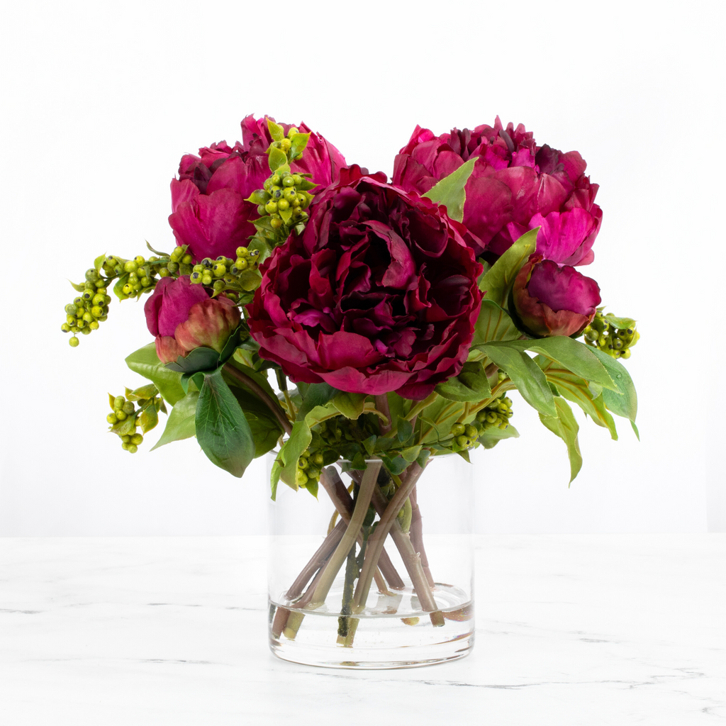 Real touch peony arrangement in glass vase - 10"-0