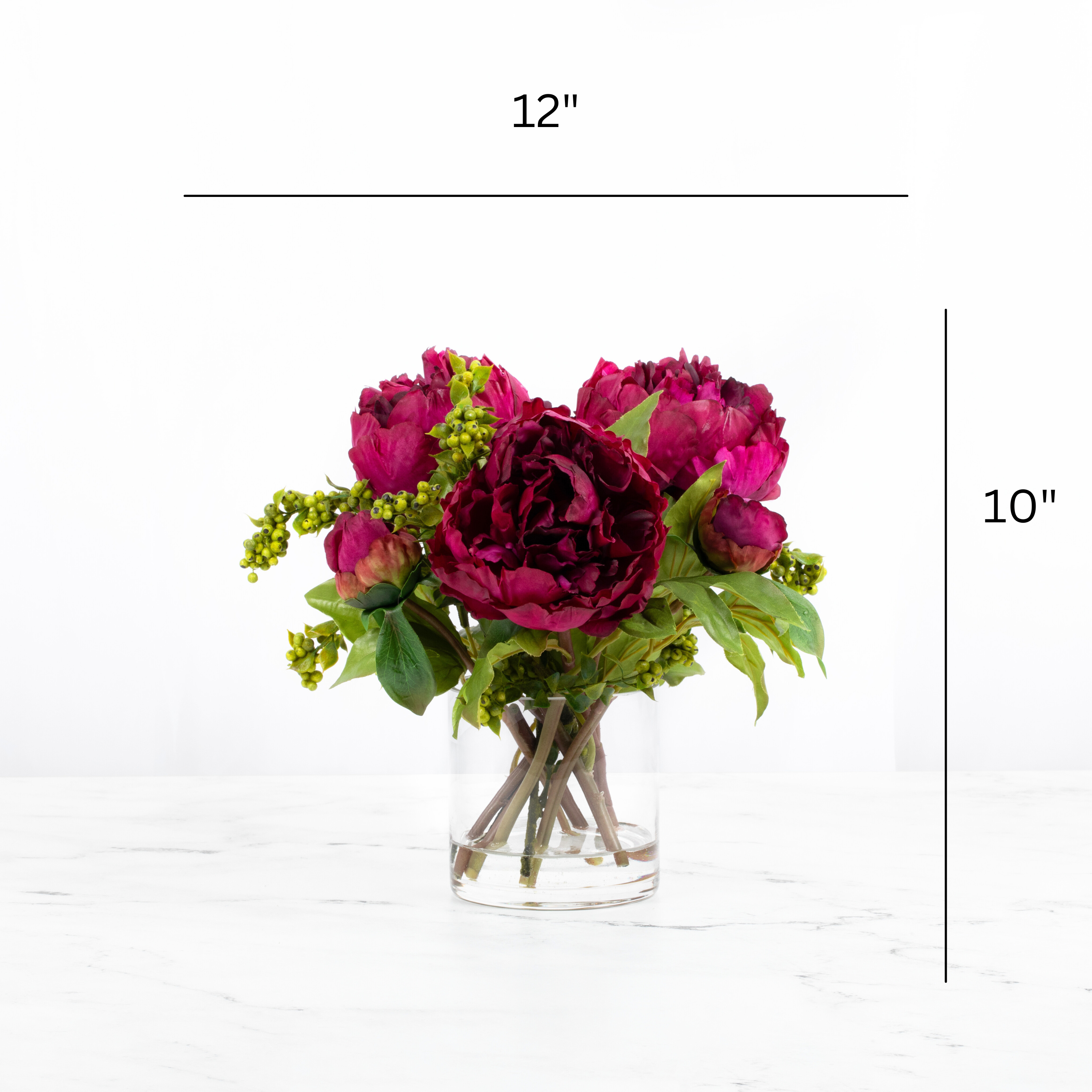 Real touch peony arrangement in glass vase - 10"-1