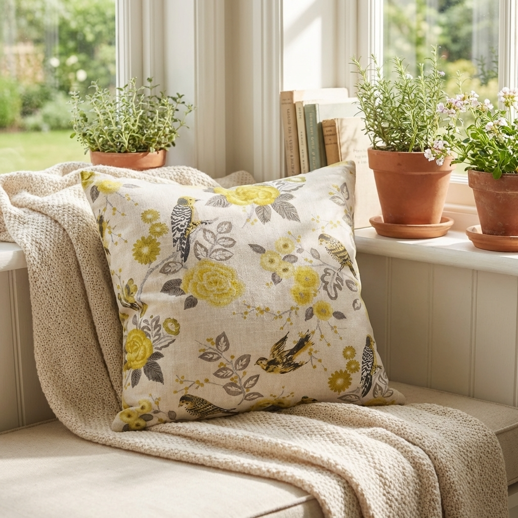 Song Bird Gardens Yellow, Beige and Gray Luxury Throw Pillow-2