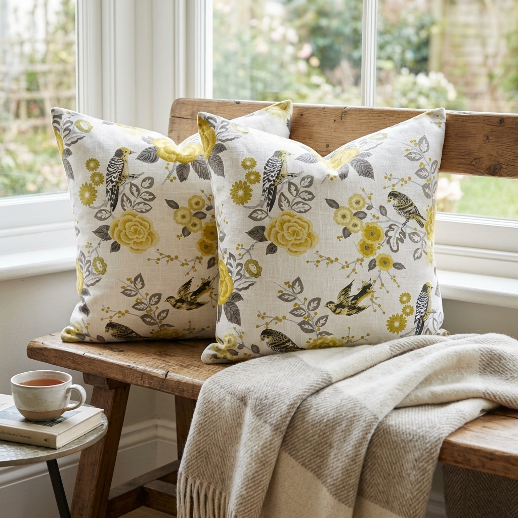 Song Bird Gardens Yellow, Beige and Gray Luxury Throw Pillow-4